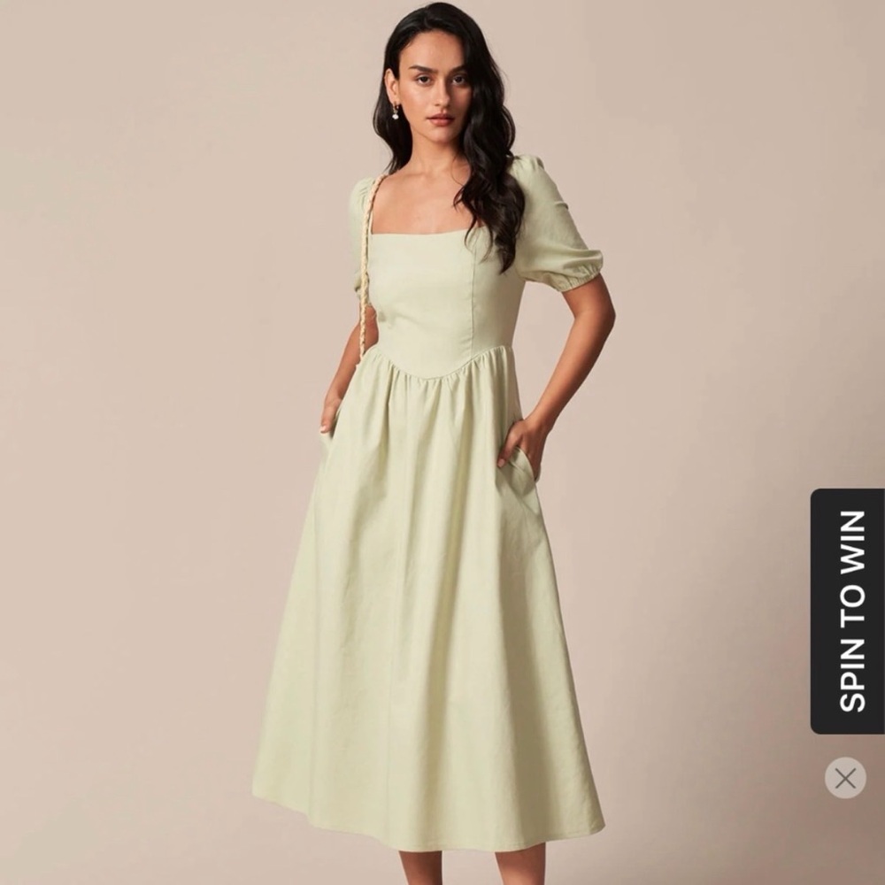 The Light Green Square Neck Shirred Midi Dress